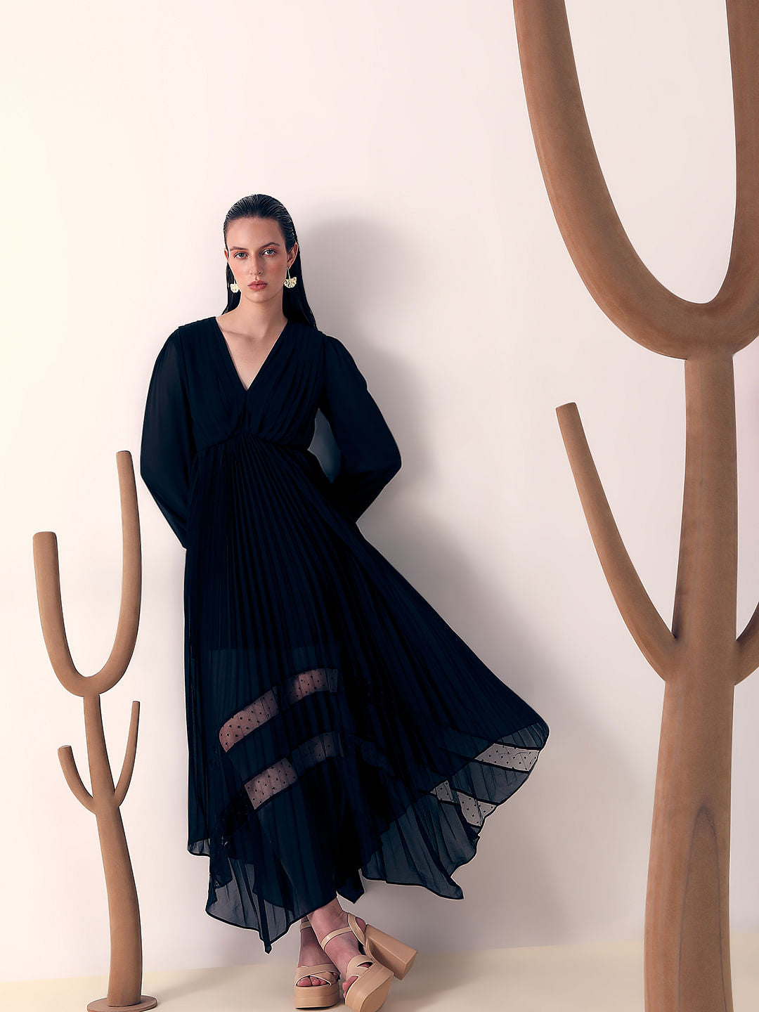Black Asymmetric Pleated Dress