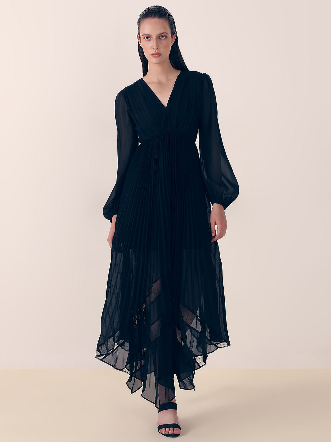 Black Asymmetric Pleated Dress