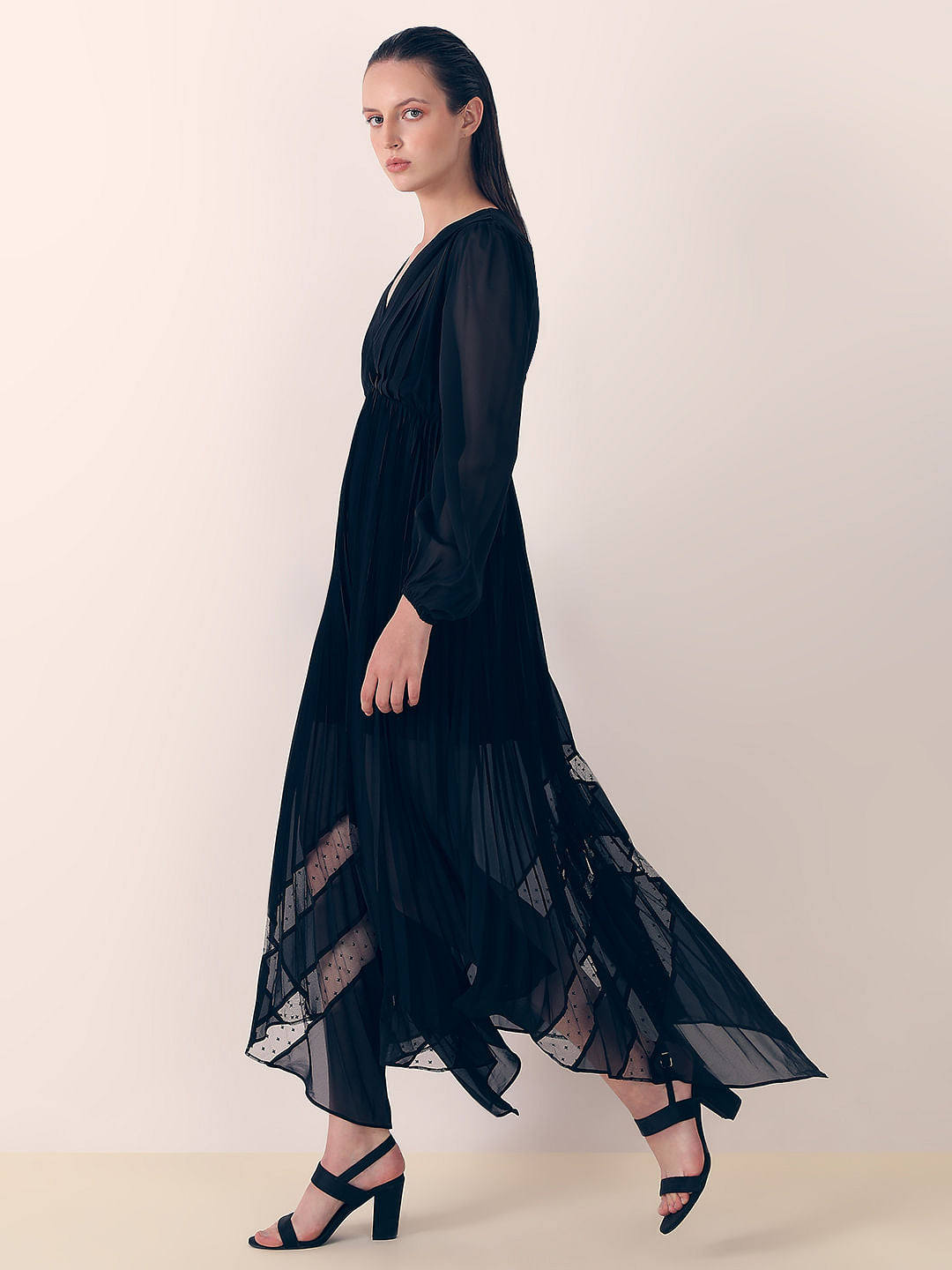 Black Asymmetric Pleated Dress