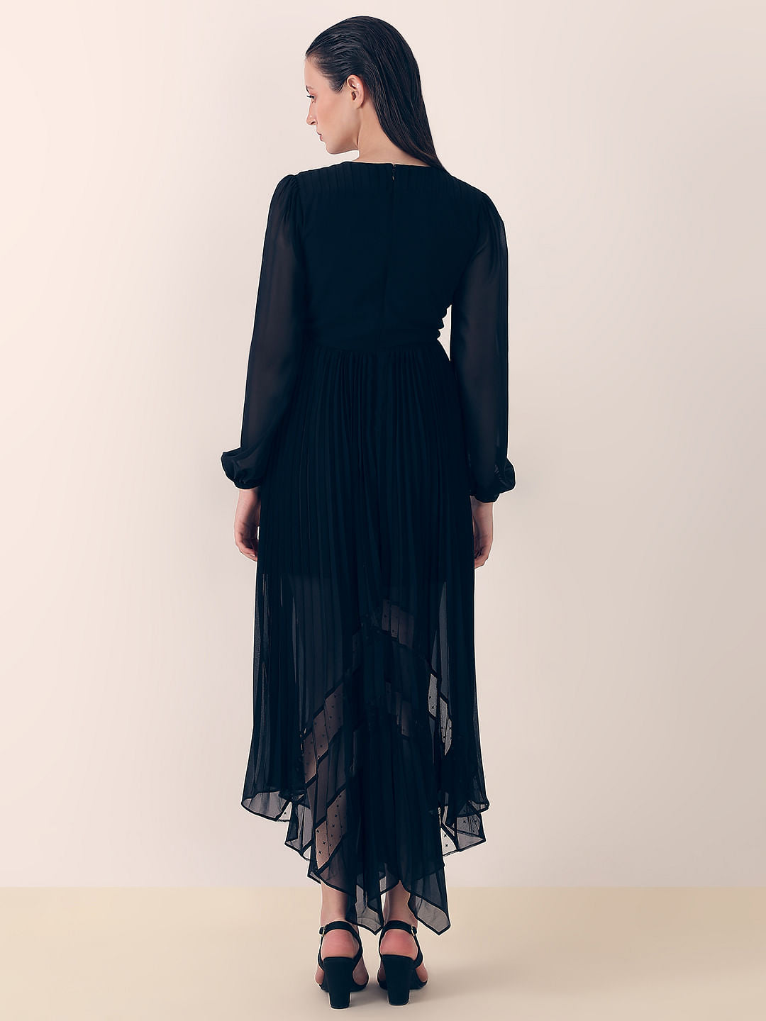 Black Asymmetric Pleated Dress