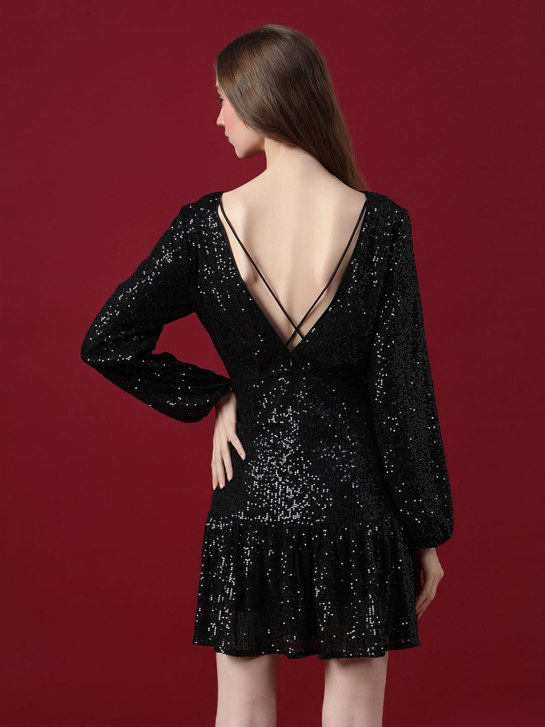 Marquee Black Sequined Fit & Flare Dress