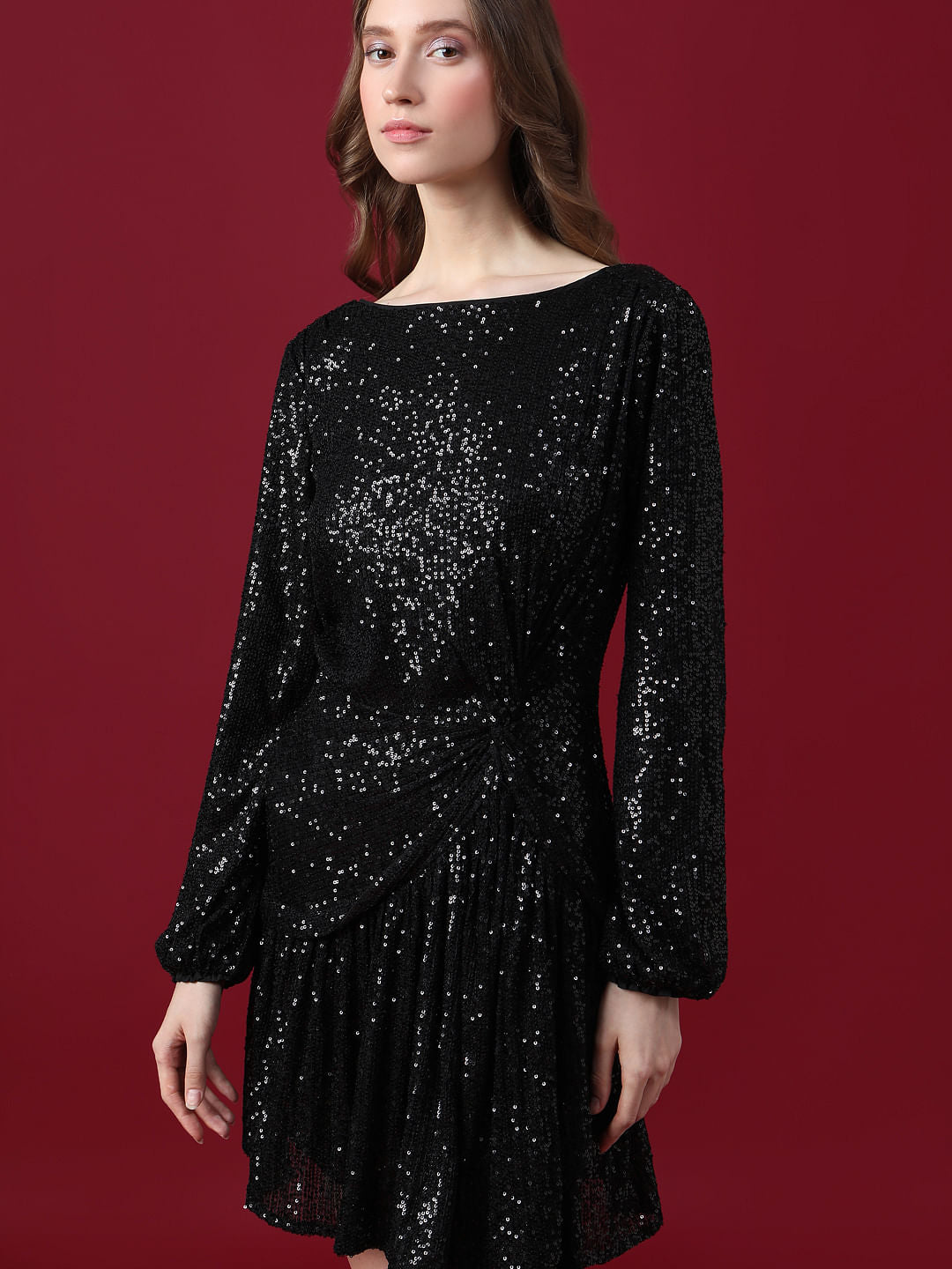 Marquee Black Sequined Fit & Flare Dress