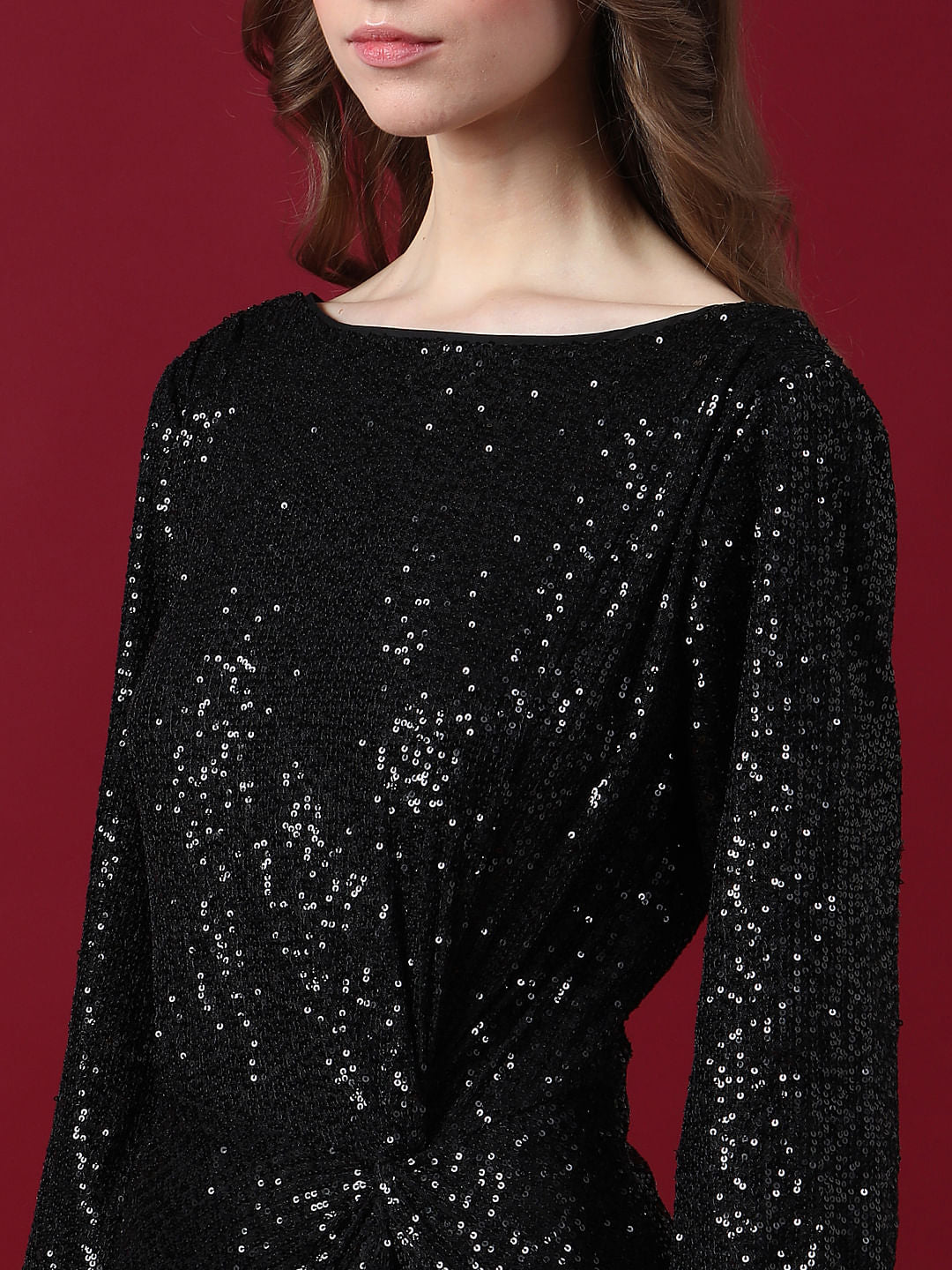 Marquee Black Sequined Fit & Flare Dress