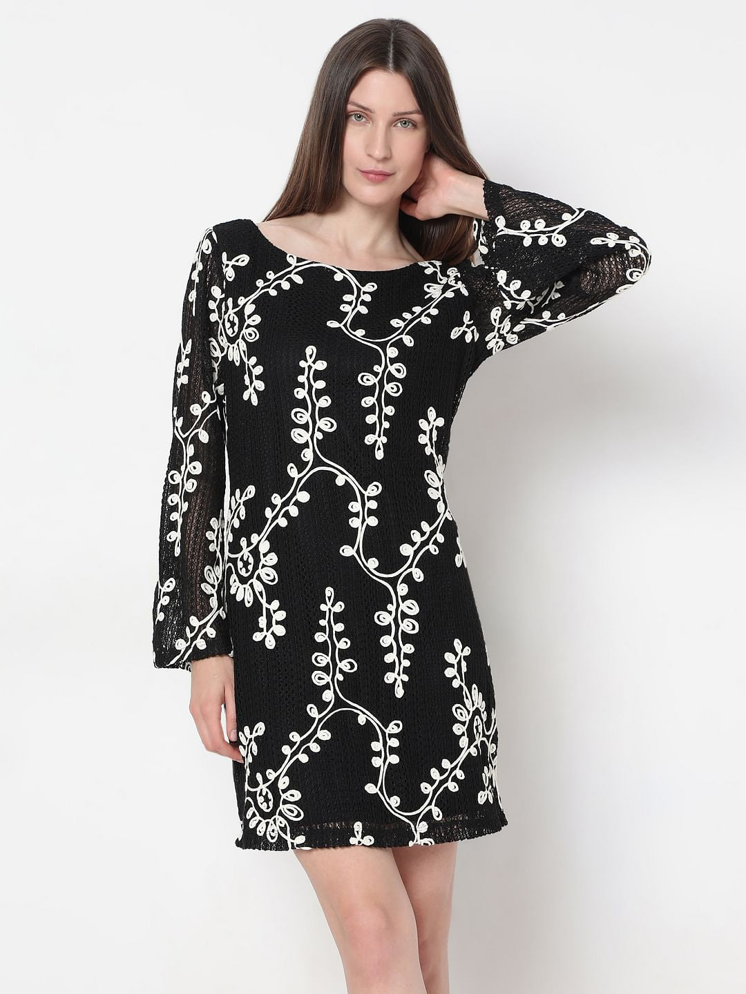 Black Embroidered Mini Shift Dress