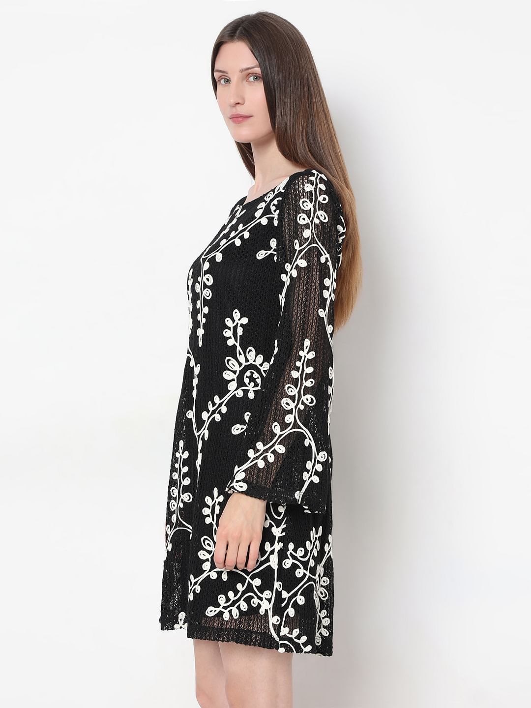 Black Embroidered Mini Shift Dress