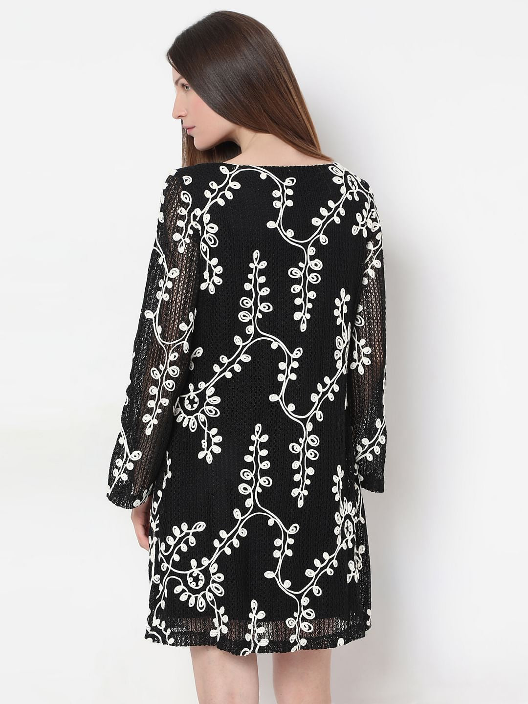 Black Embroidered Mini Shift Dress