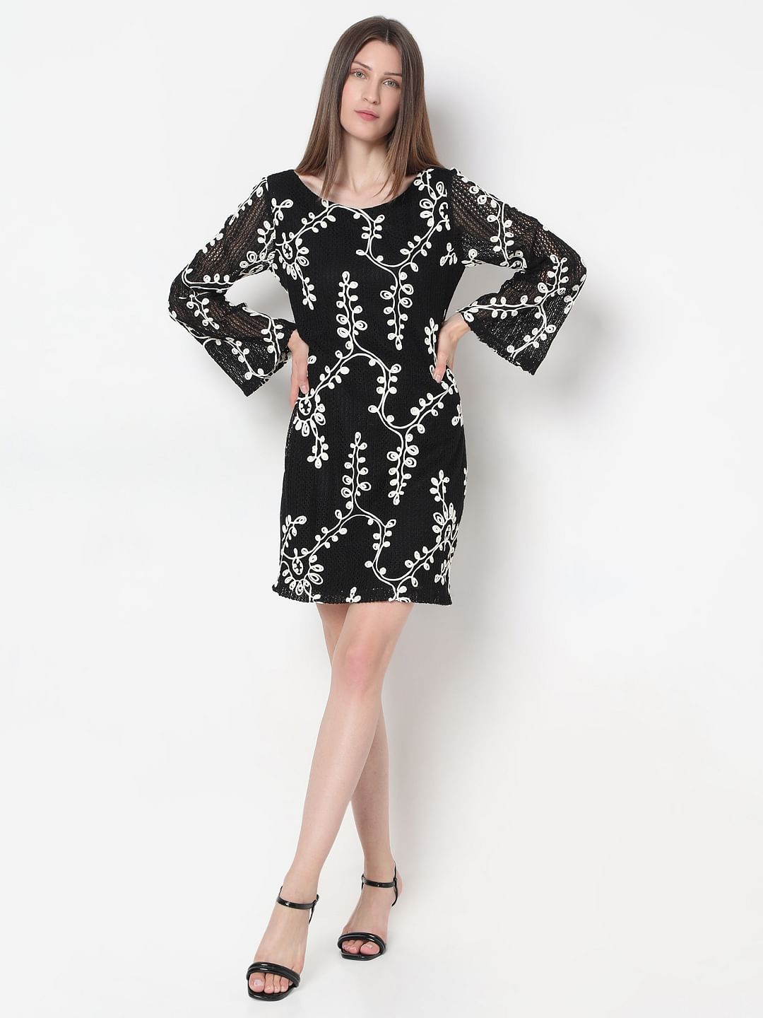 Black Embroidered Mini Shift Dress