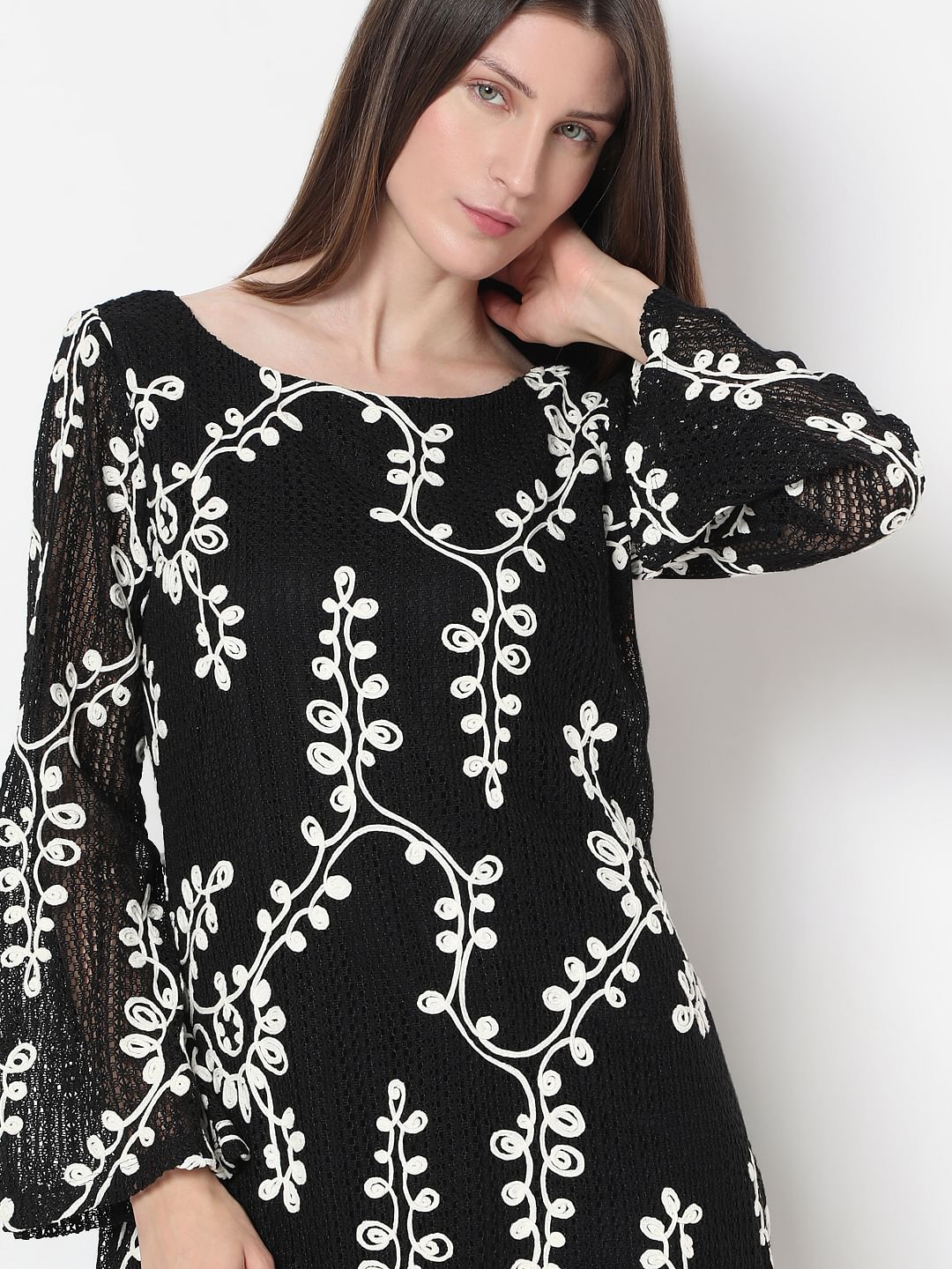 Black Embroidered Mini Shift Dress