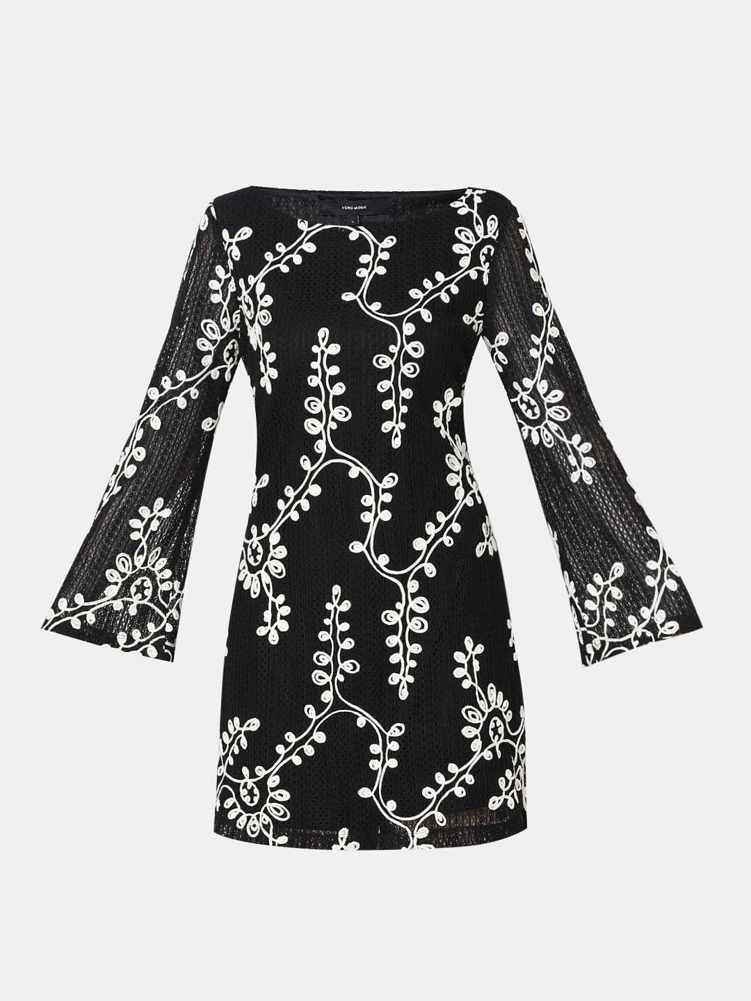 Black Embroidered Mini Shift Dress