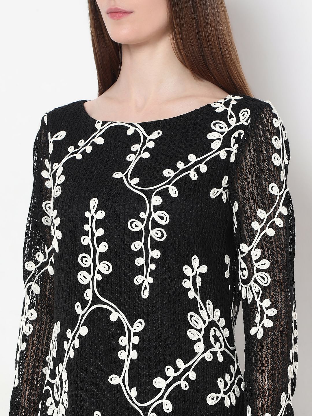 Black Embroidered Mini Shift Dress