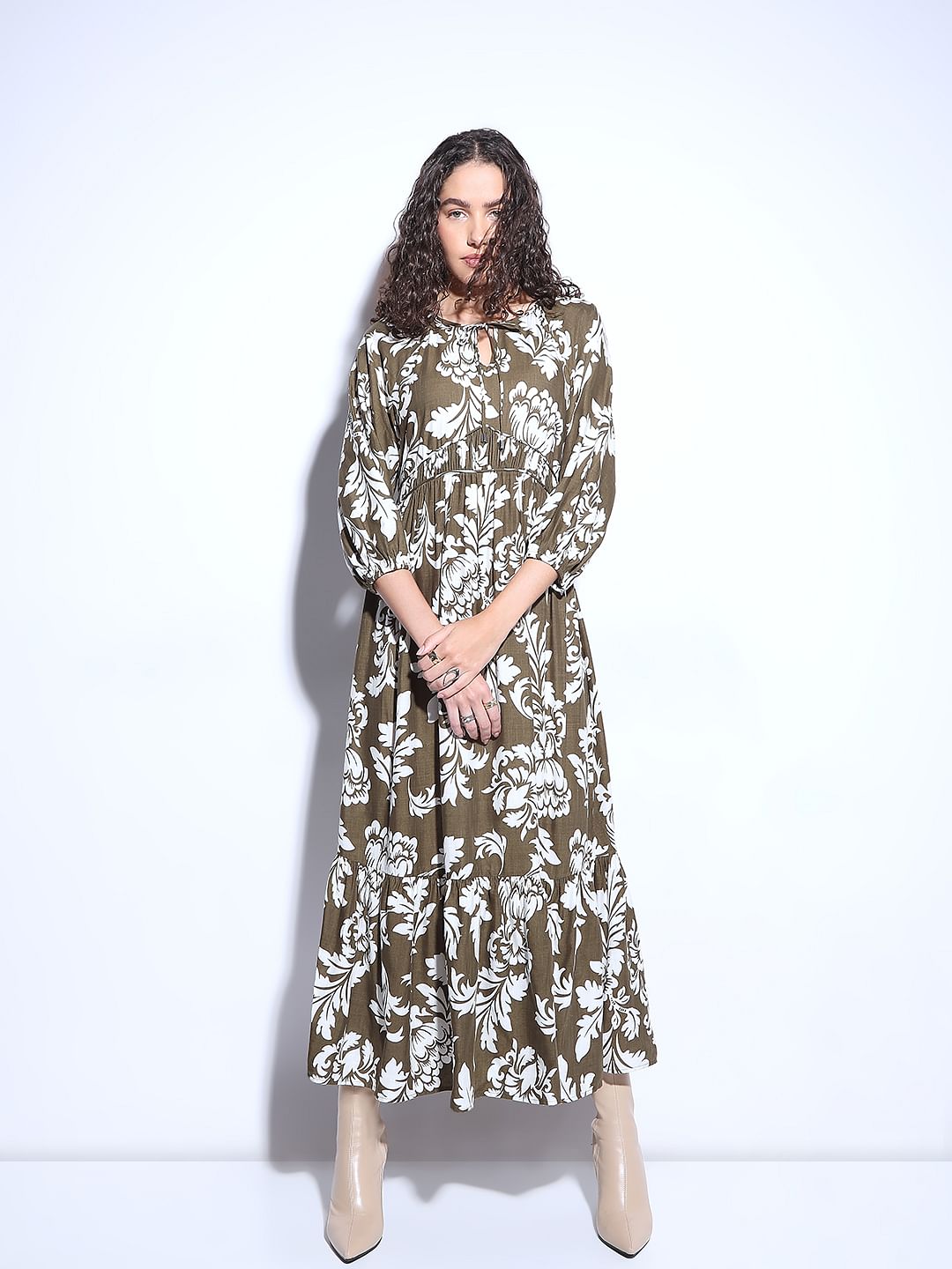 Green Floral Print Midi Dress