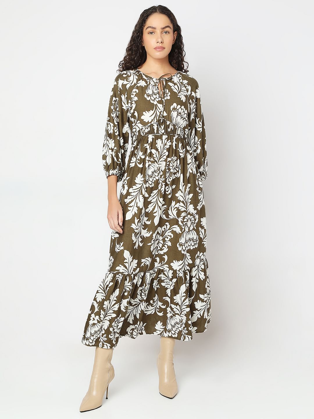 Green Floral Print Midi Dress