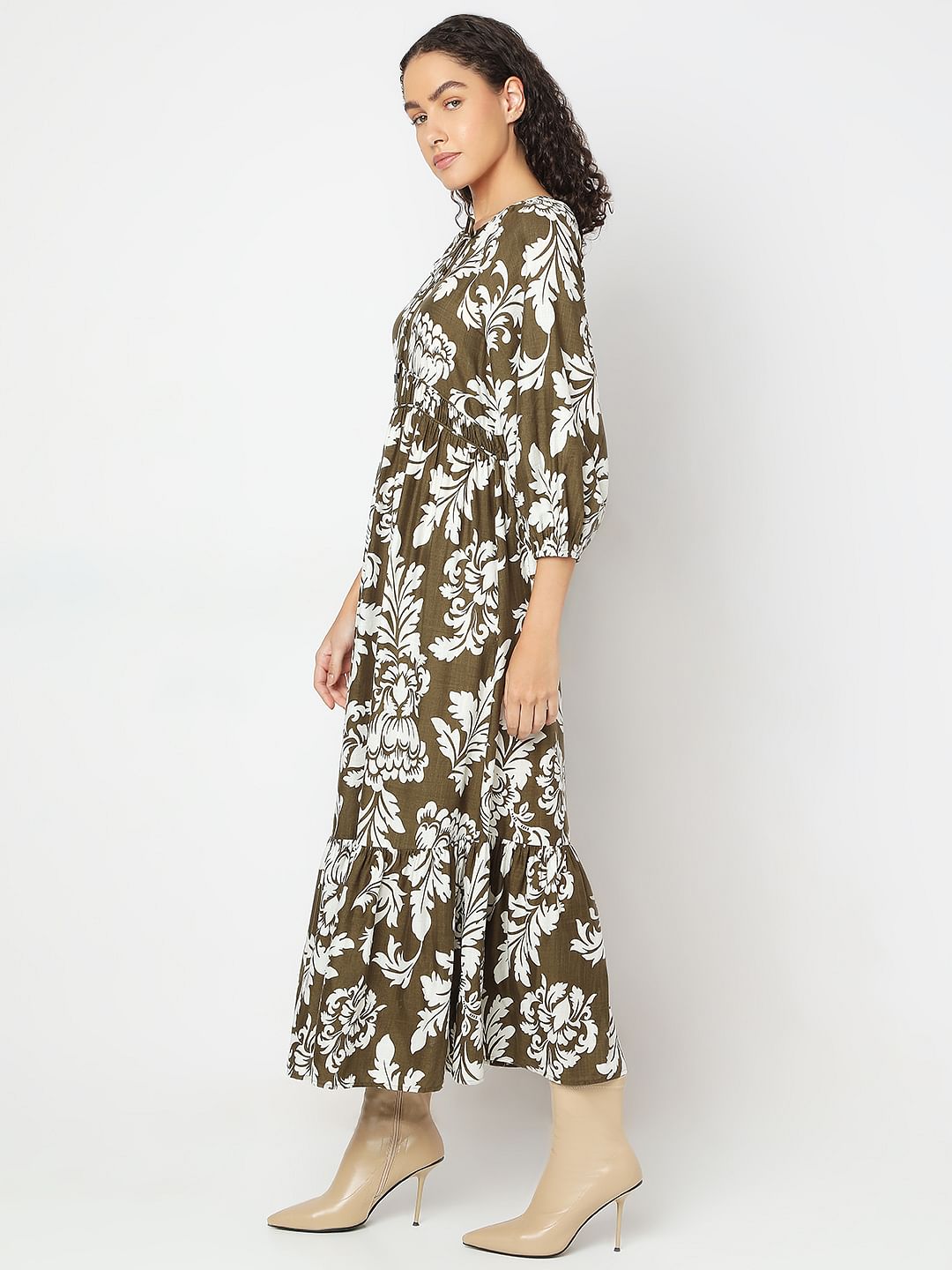 Green Floral Print Midi Dress