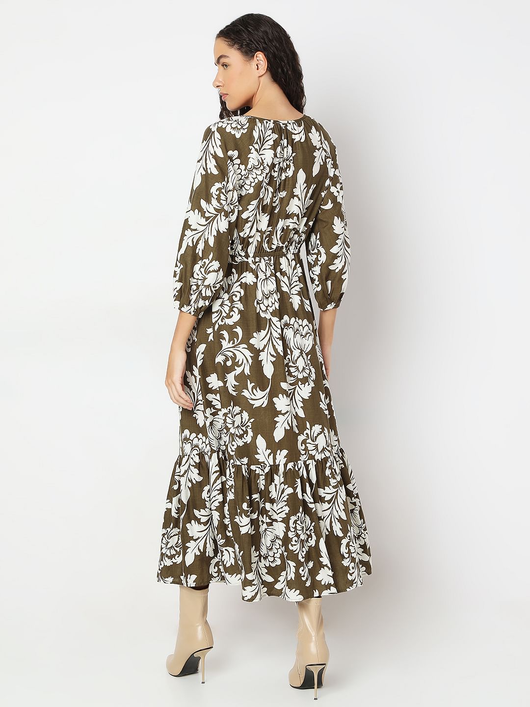 Green Floral Print Midi Dress