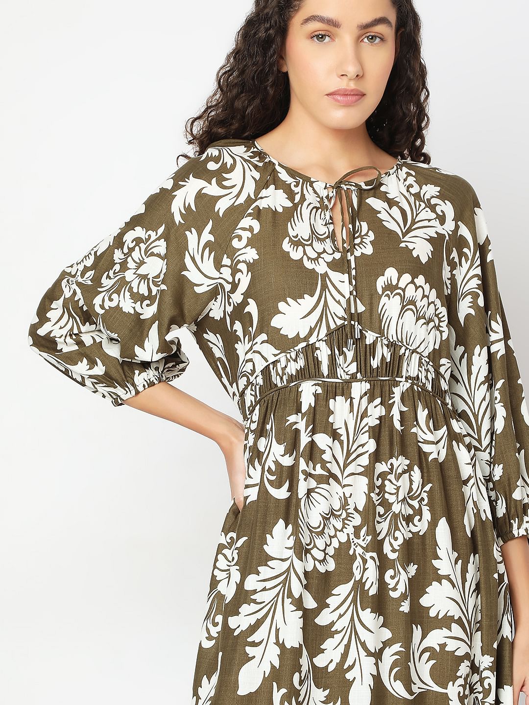 Green Floral Print Midi Dress