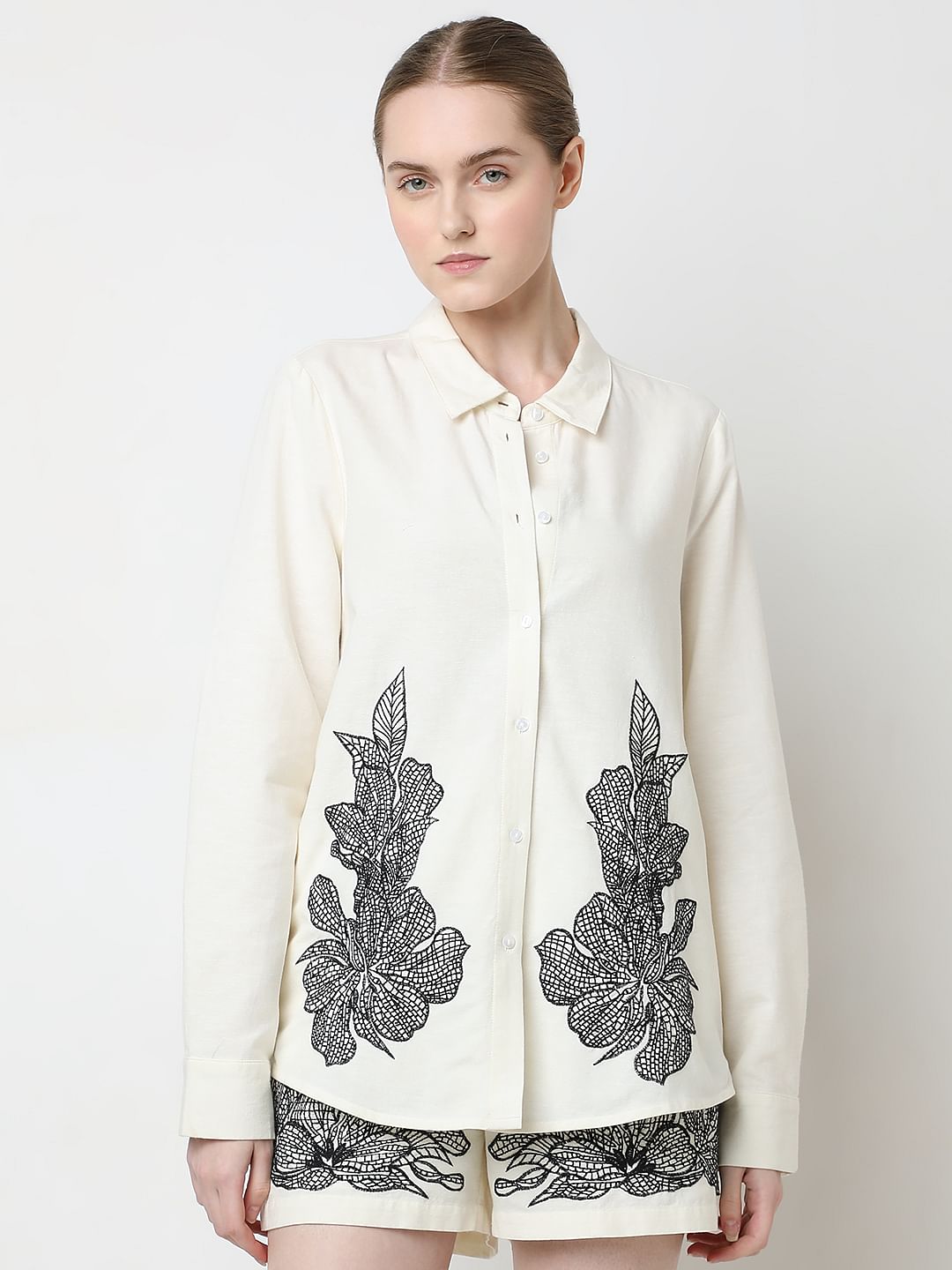Cream Embroidered Co-Ord Set Shirt