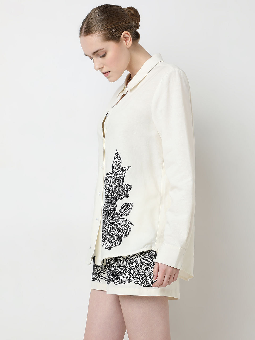 Cream Embroidered Co-Ord Set Shirt