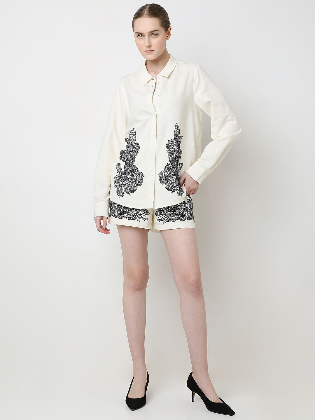 Cream Embroidered Co-Ord Set Shirt