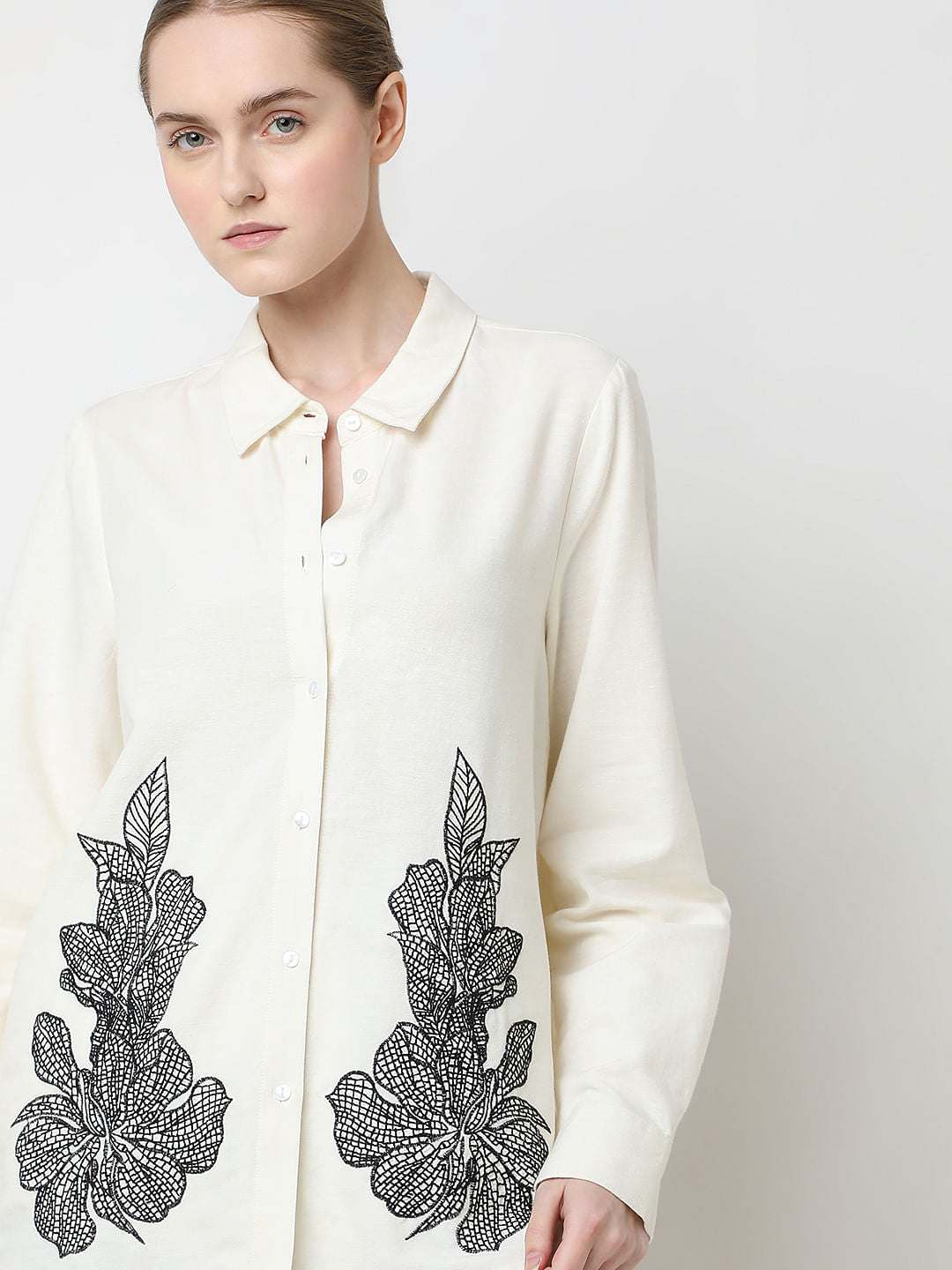Cream Embroidered Co-Ord Set Shirt
