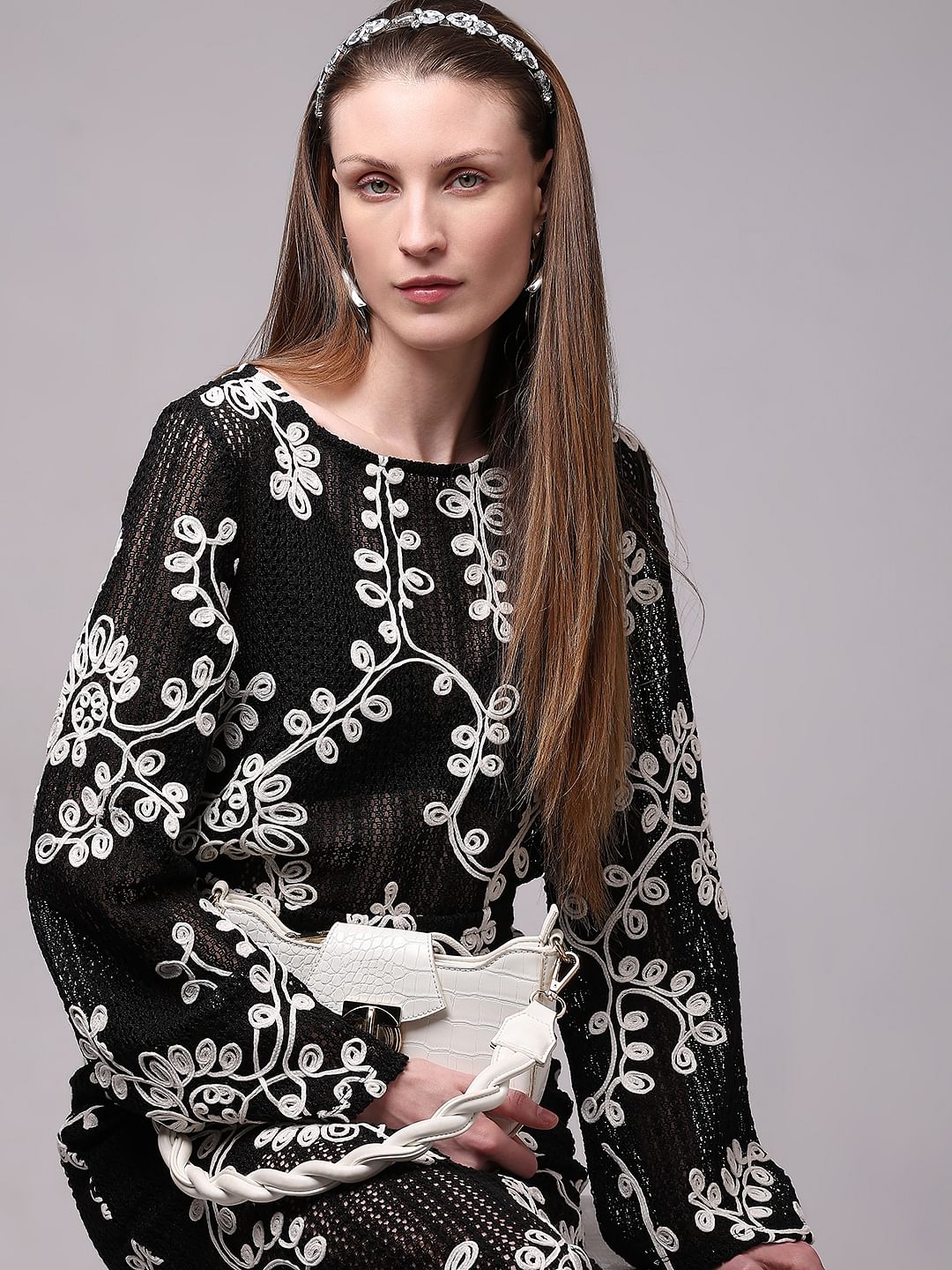 Black Embroidered Co-Ord Set Top