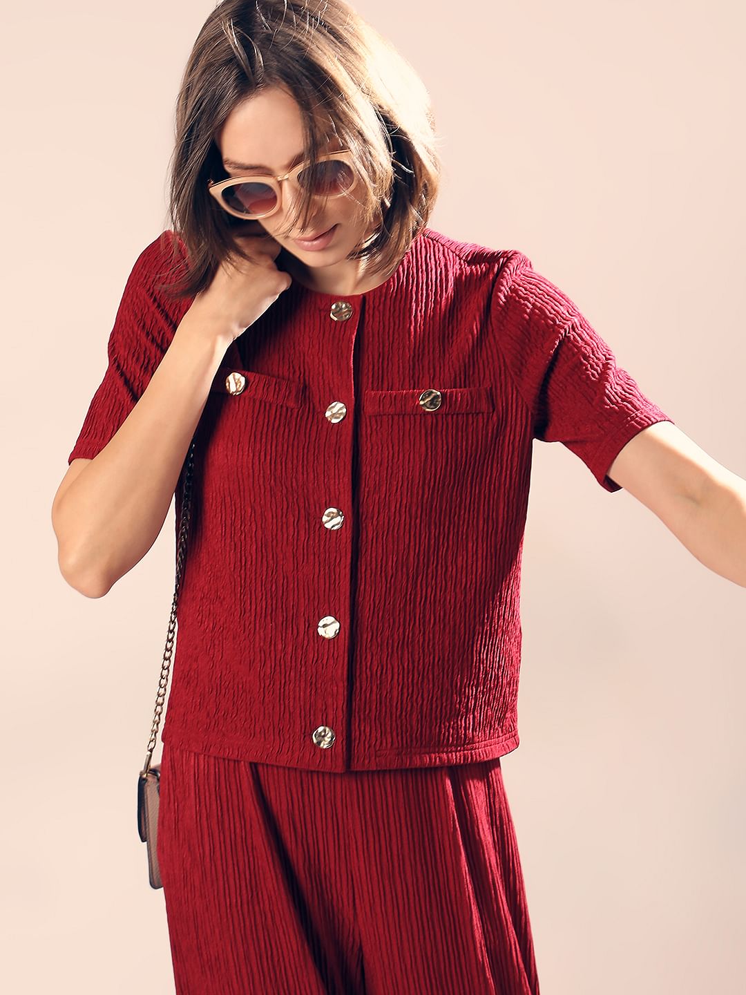 Red Crinkle Weave Co-Ord Set Top