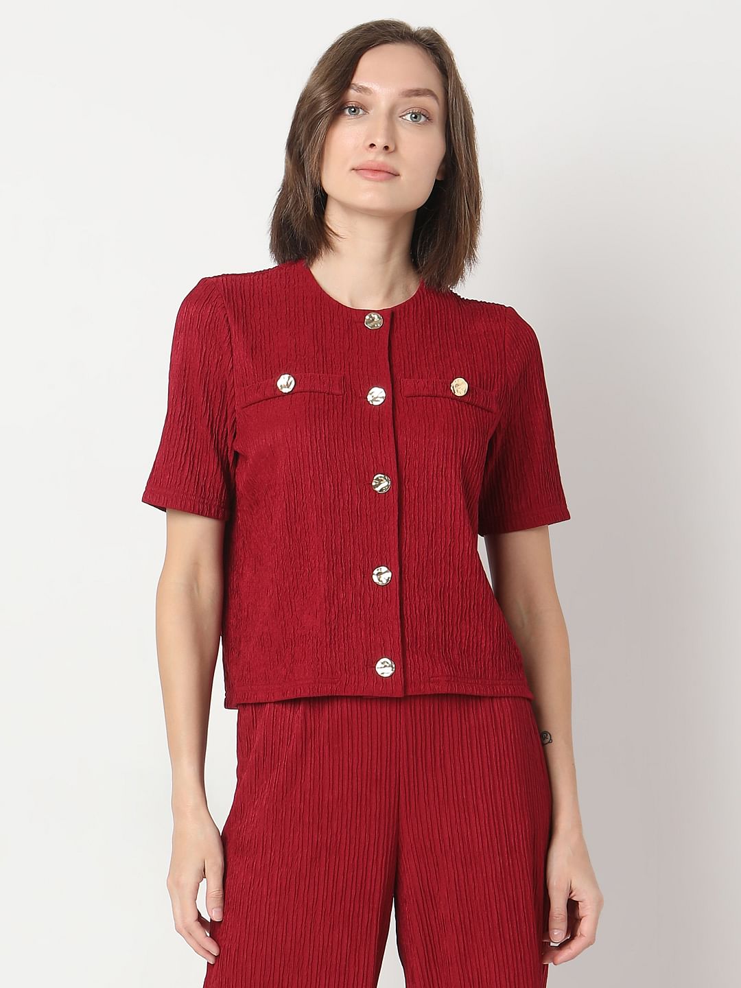 Red Crinkle Weave Co-Ord Set Top