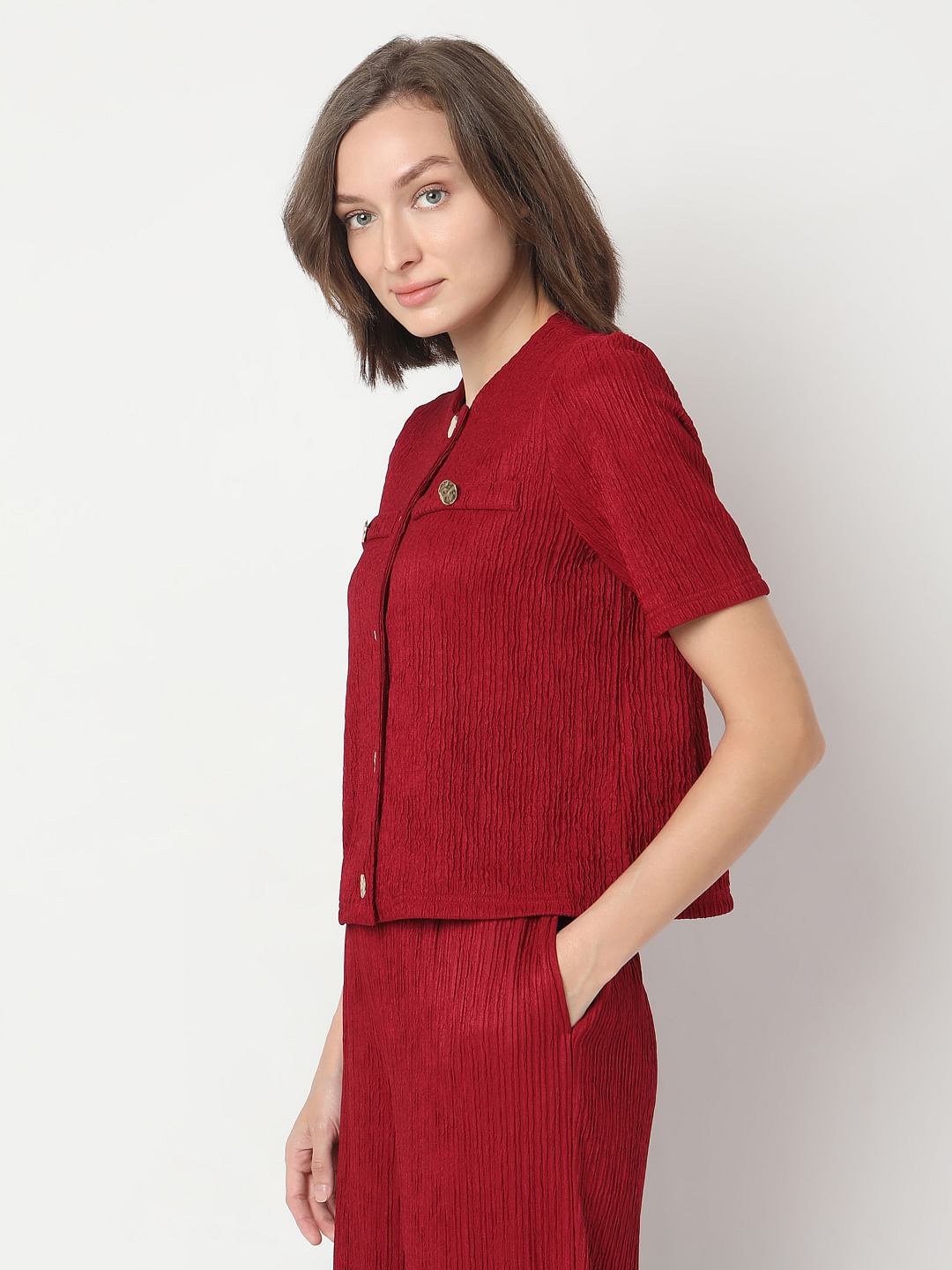 Red Crinkle Weave Co-Ord Set Top