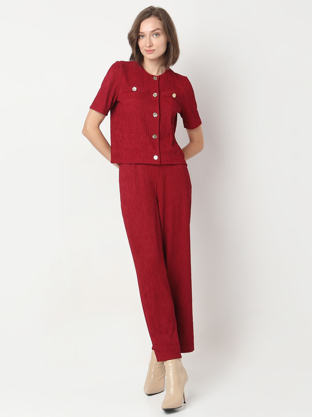 Red Crinkle Weave Co-Ord Set Top