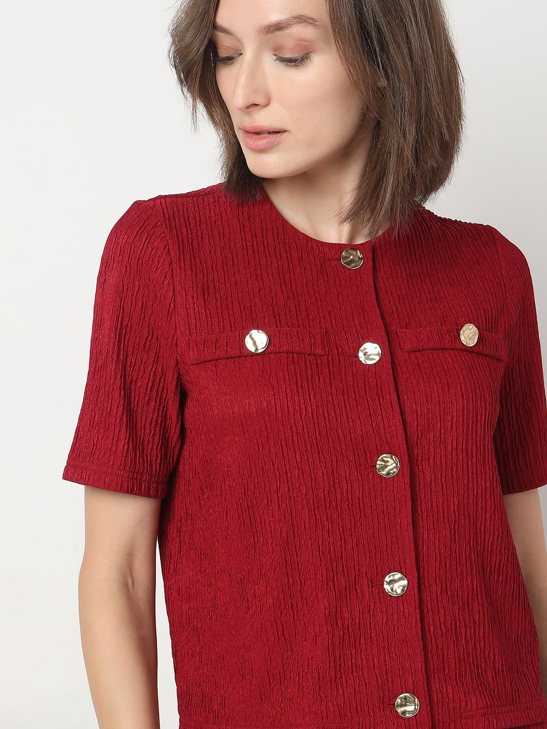 Red Crinkle Weave Co-Ord Set Top