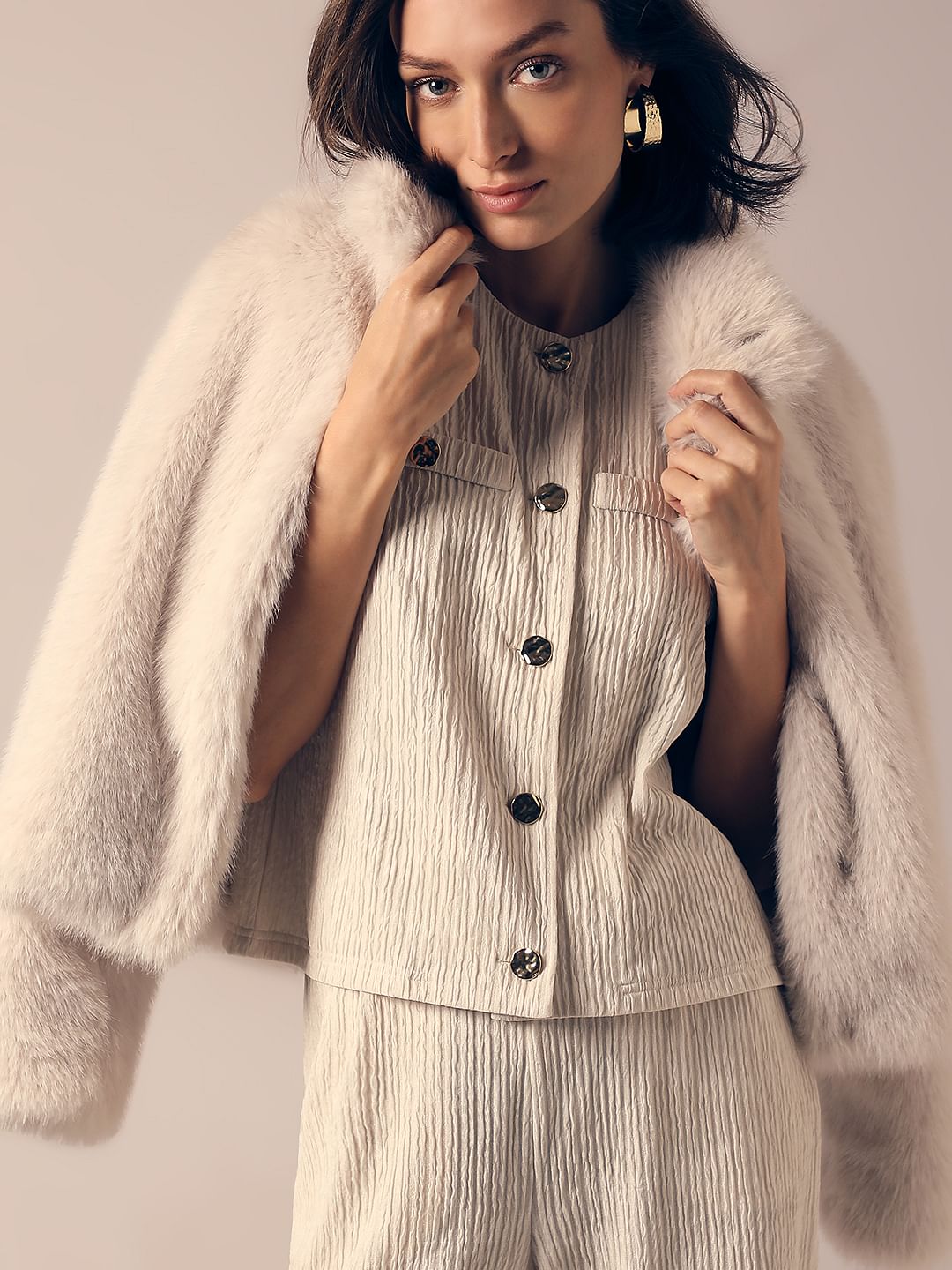 Cream Crinkle Weave Co-Ord Set Top