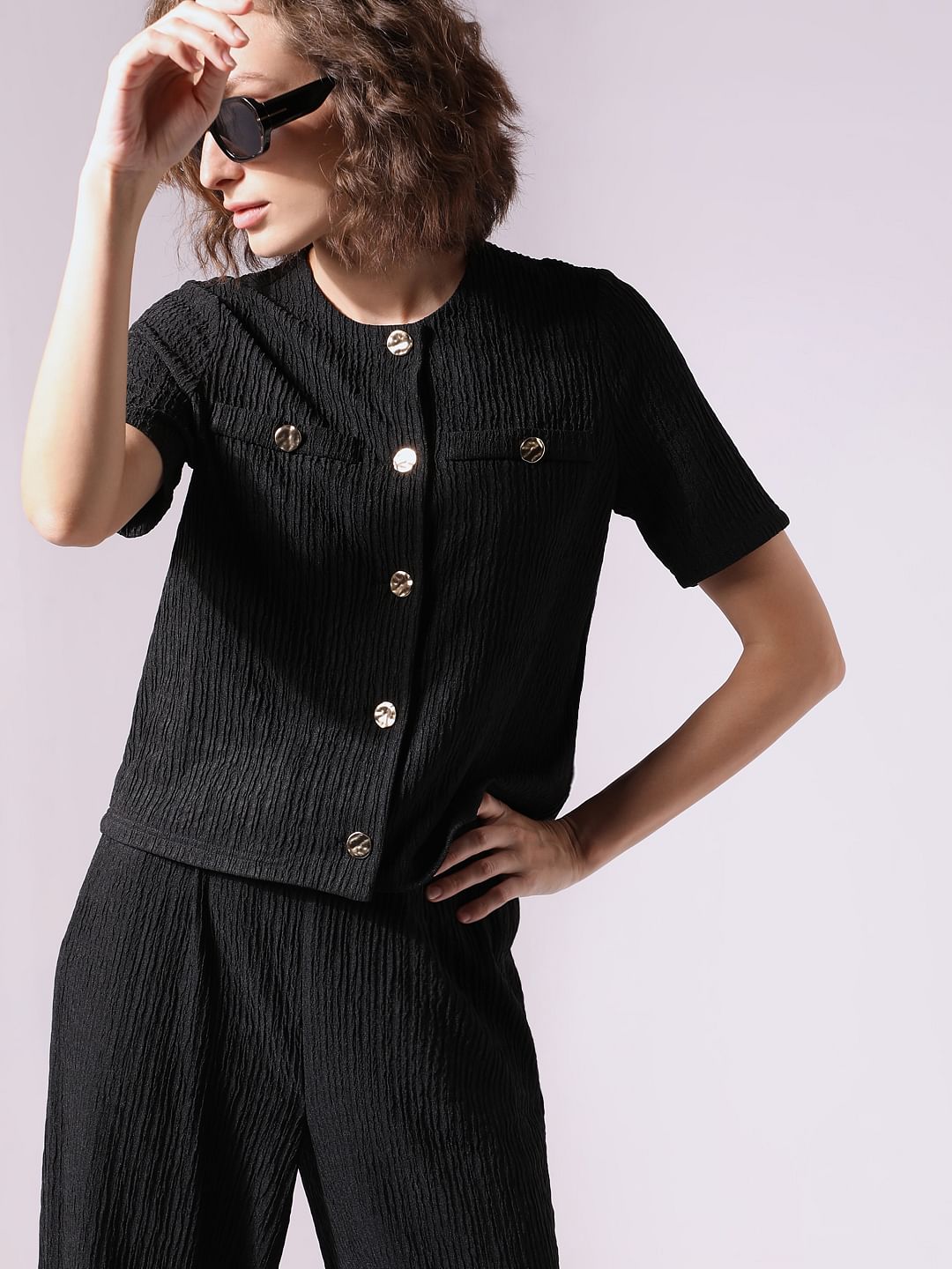 Black Crinkle Weave Co-Ord Set Top