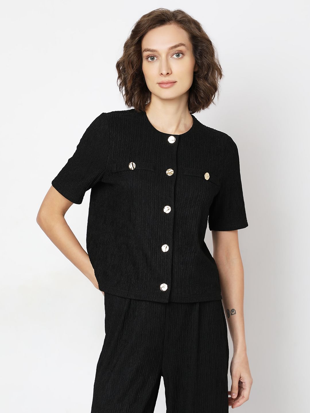 Black Crinkle Weave Co-Ord Set Top