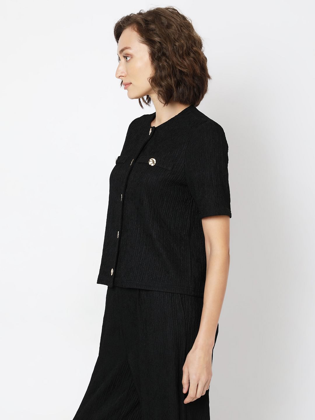 Black Crinkle Weave Co-Ord Set Top