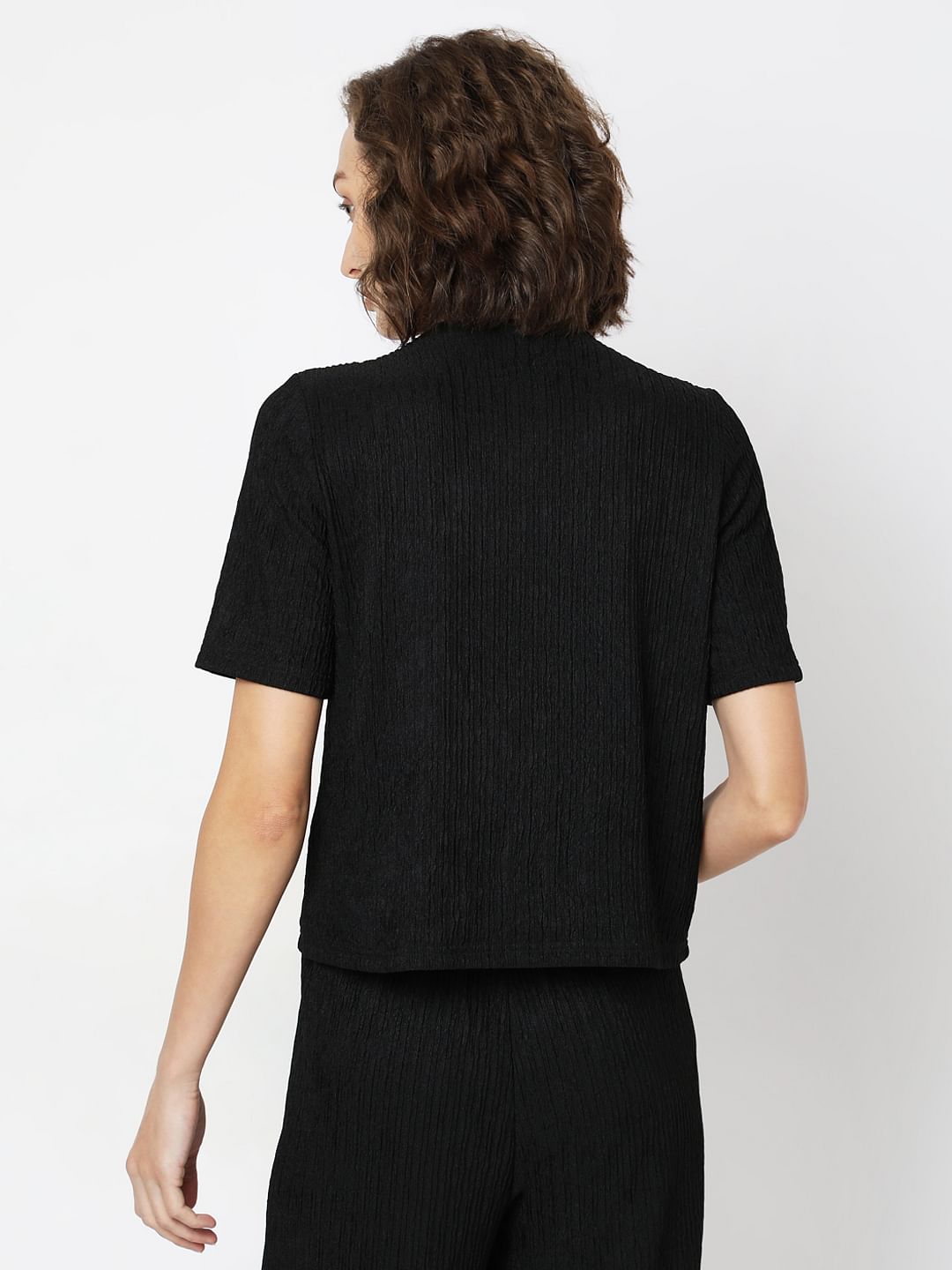 Black Crinkle Weave Co-Ord Set Top