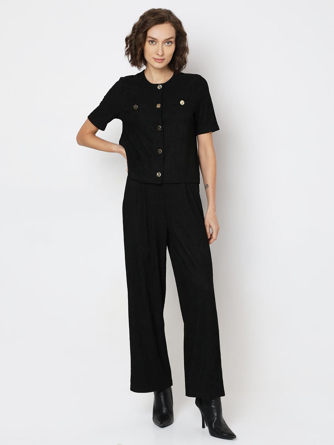 Black Crinkle Weave Co-Ord Set Top