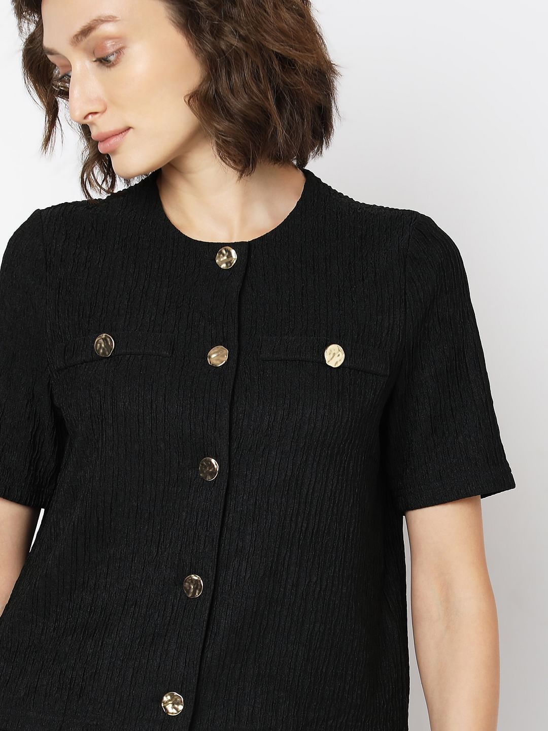 Black Crinkle Weave Co-Ord Set Top