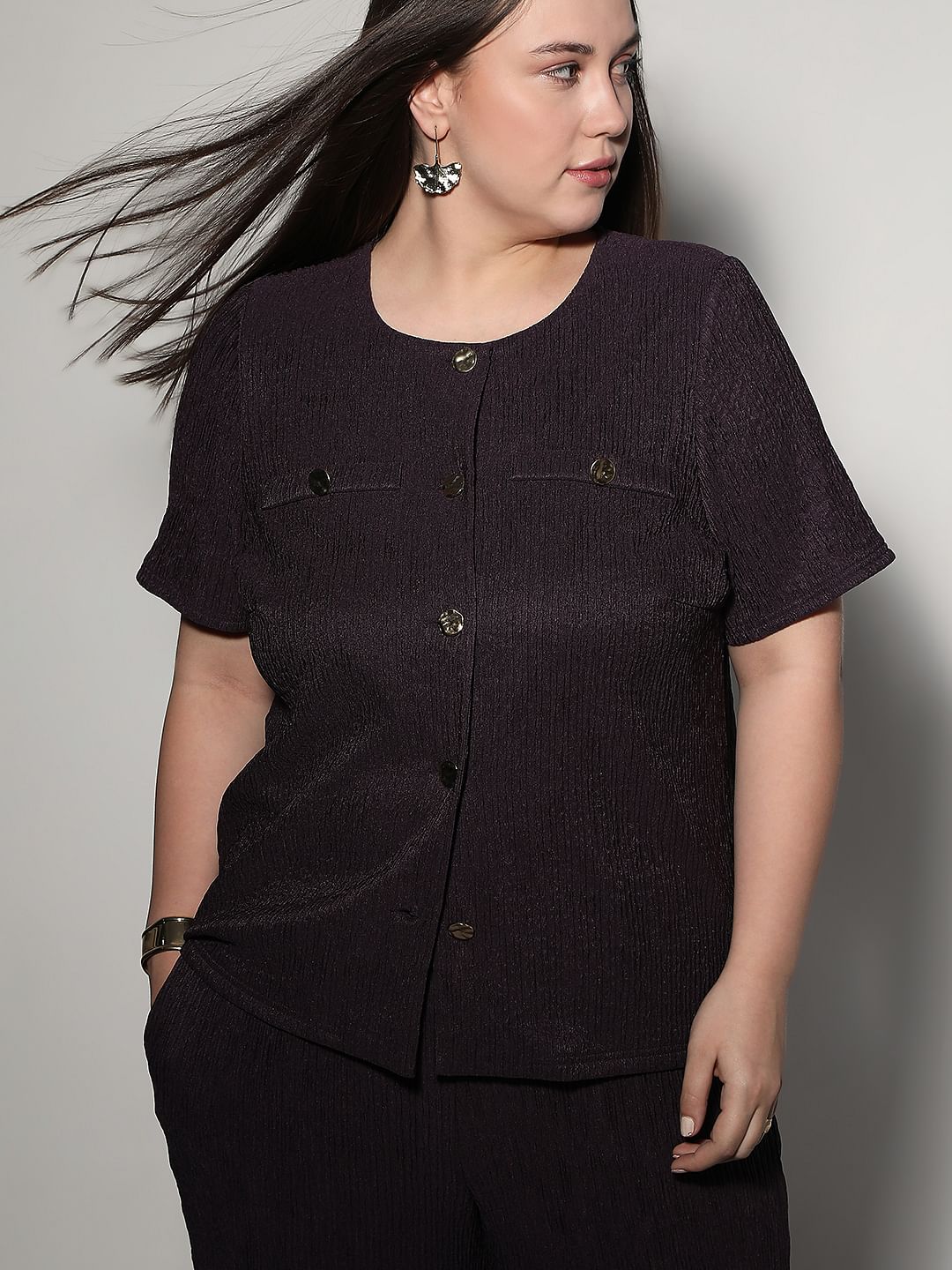 Curve Purple Textured Co-Ord Set Tops