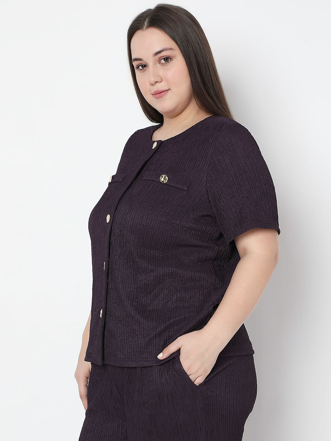 Curve Purple Textured Co-Ord Set Tops