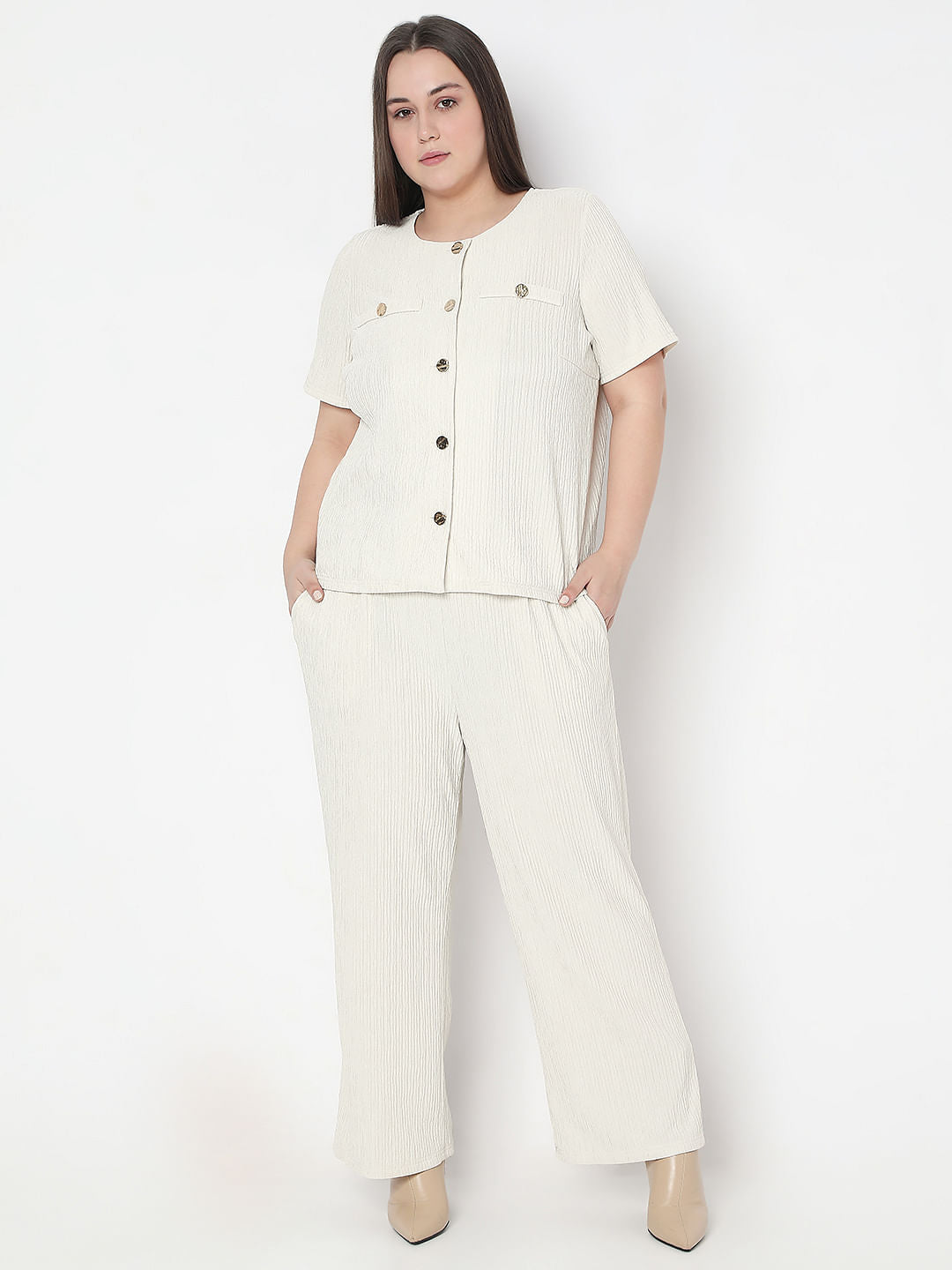 Curve Ecru Textured Co-Ord Set Tops