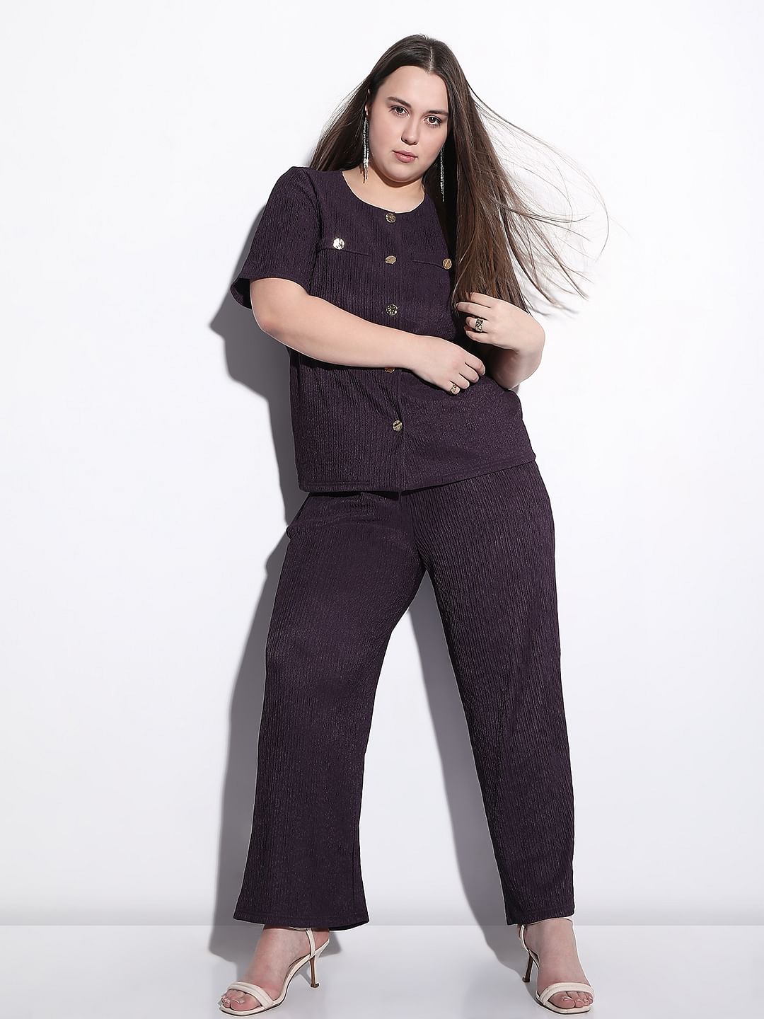 Curve Purple Textured Co-Ord Set Pants