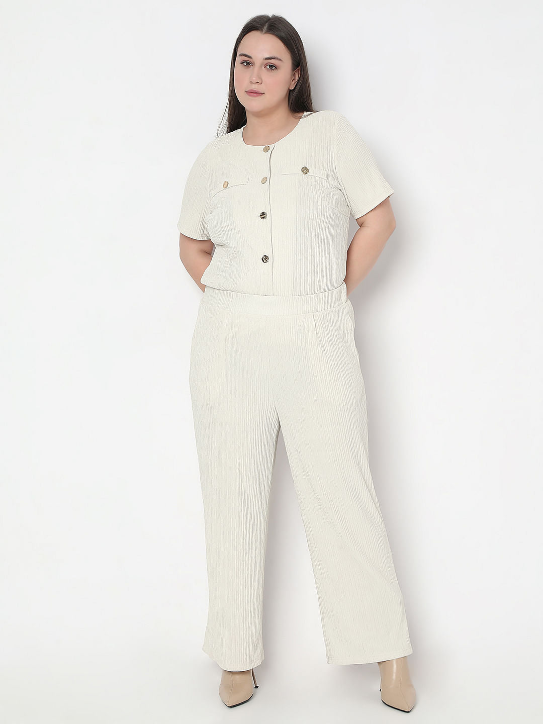 Curve Ecru Textured Co-Ord Set Pants