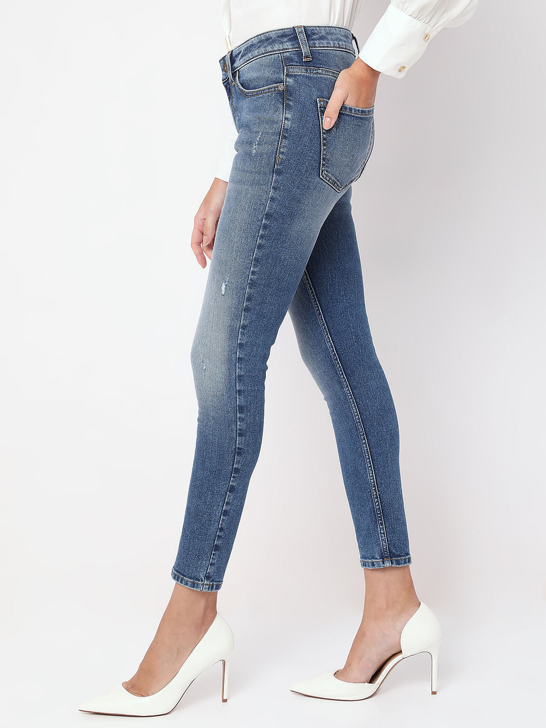 Blue Mid Rise Distressed Skinny Fit Jeans