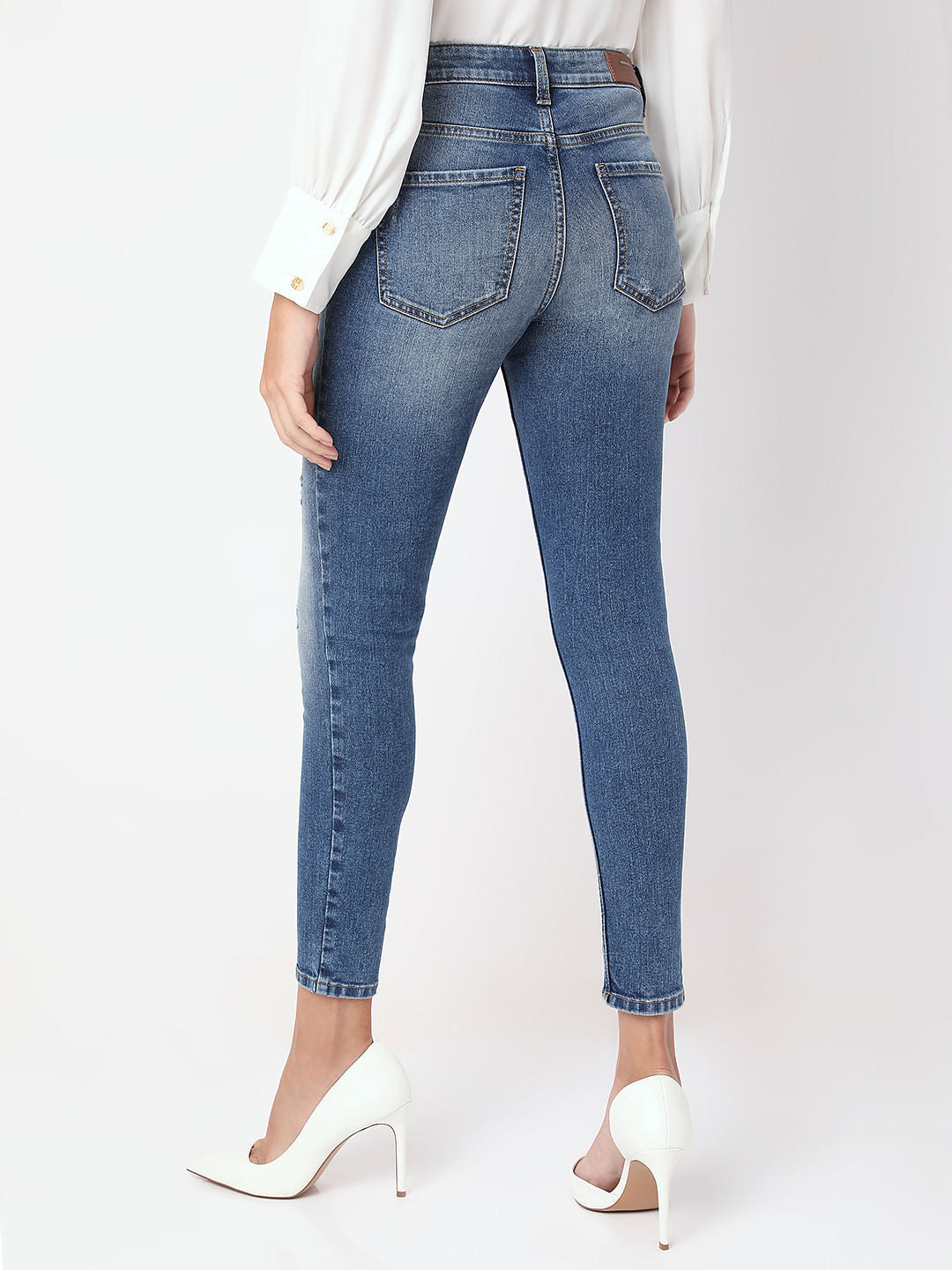 Blue Mid Rise Distressed Skinny Fit Jeans