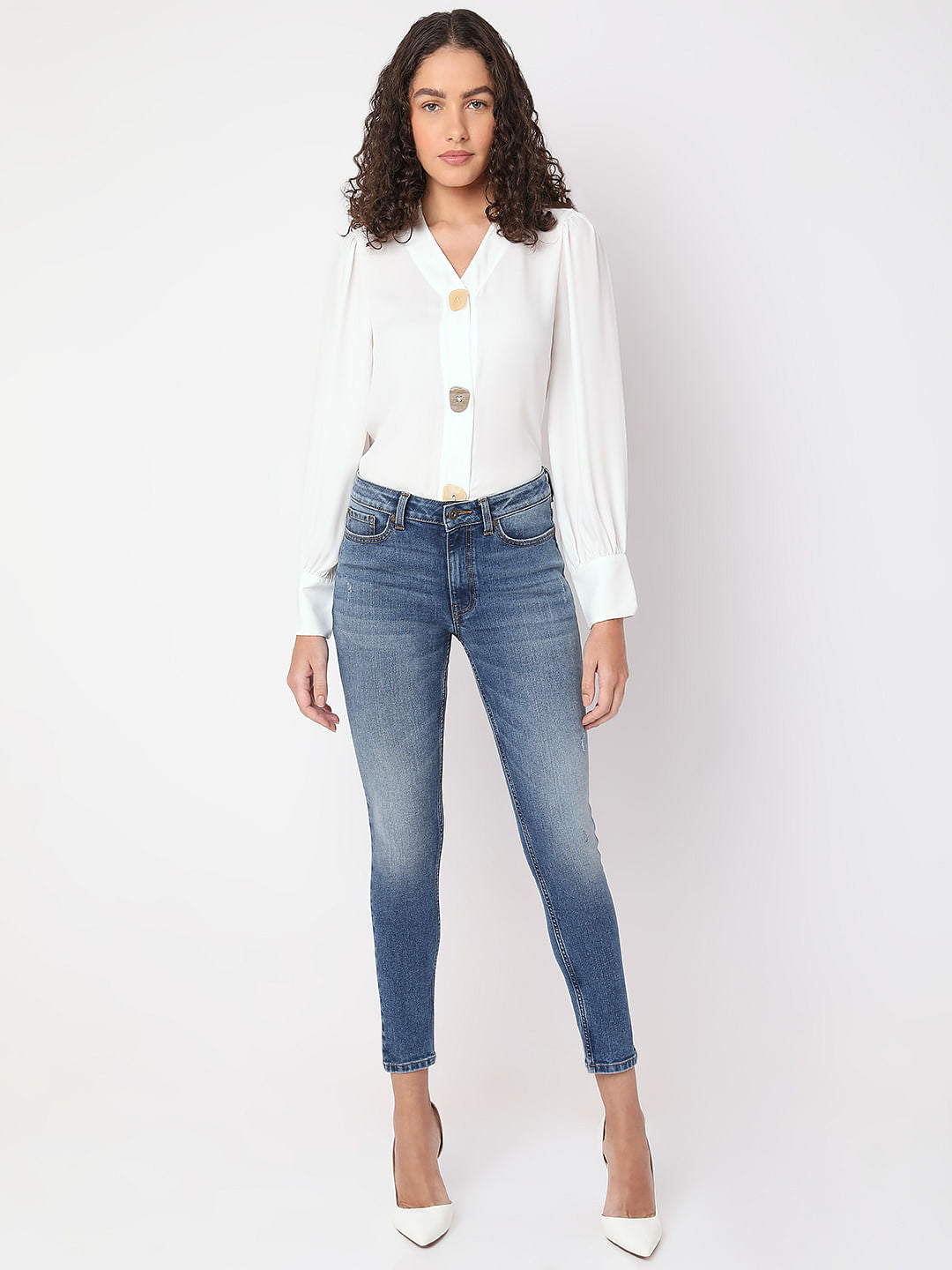 Blue Mid Rise Distressed Skinny Fit Jeans