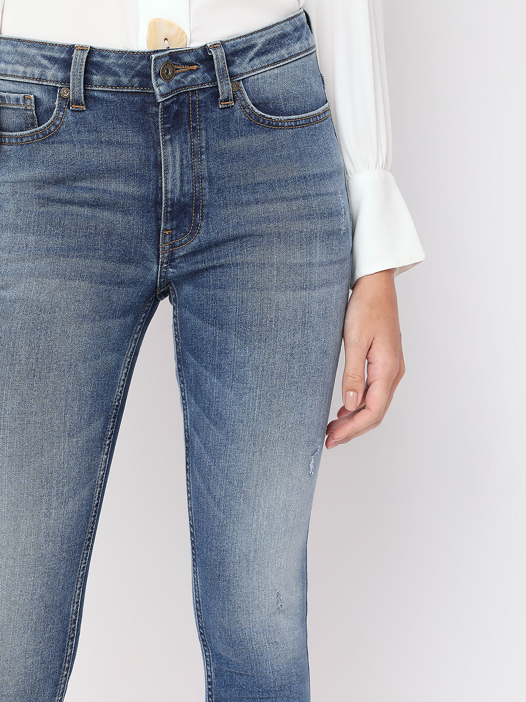 Blue Mid Rise Distressed Skinny Fit Jeans