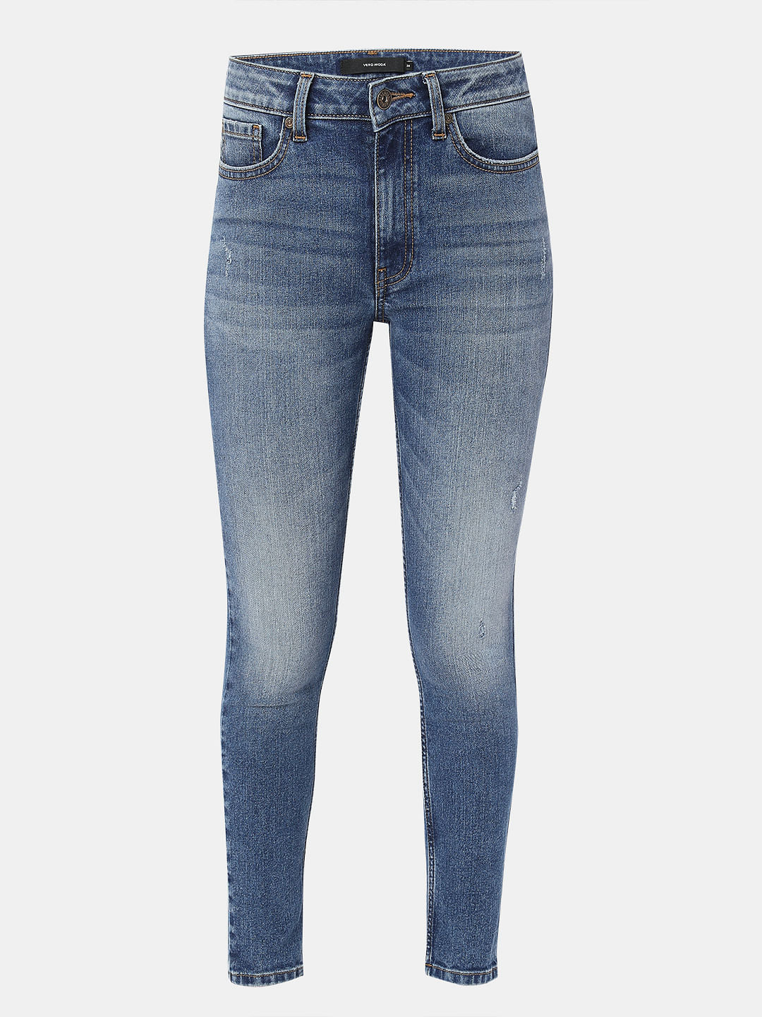 Blue Mid Rise Distressed Skinny Fit Jeans