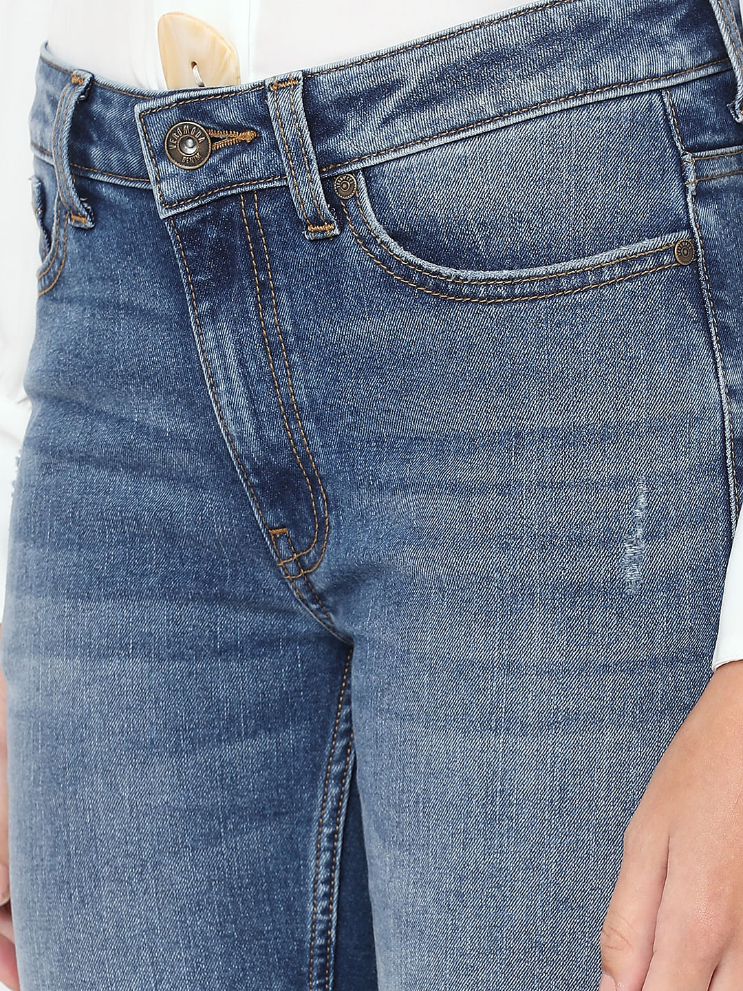 Blue Mid Rise Distressed Skinny Fit Jeans