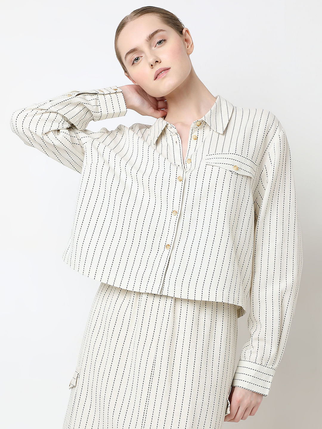 Beige Striped Co-Ord Set Shirt