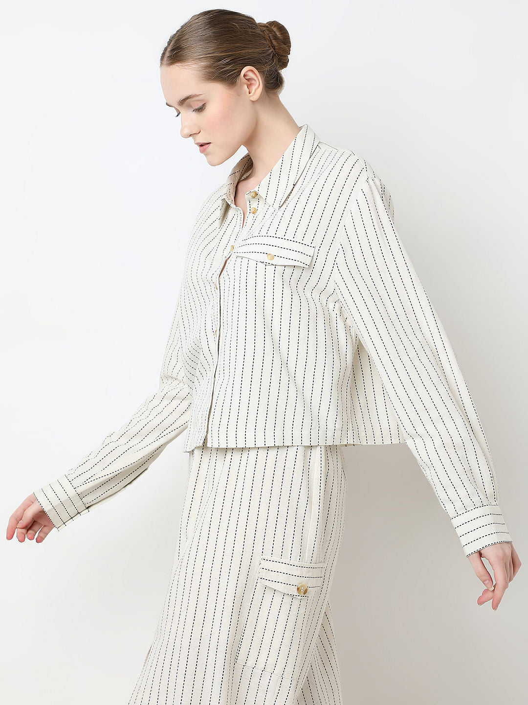 Beige Striped Co-Ord Set Shirt