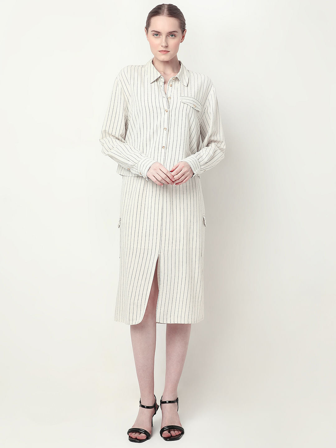 Beige Striped Co-Ord Set Shirt